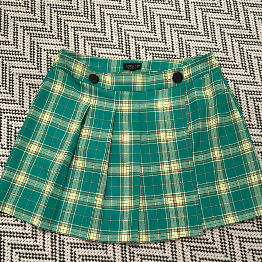 Topshop Green Pleated Mini Skirt
